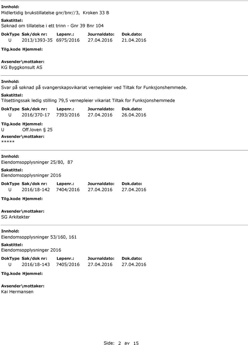 Tilsettingssak ledig stilling 79,5 vernepleier vikariat Tiltak for Funksjonshemmede 2016/370-17 7393/2016 Off.