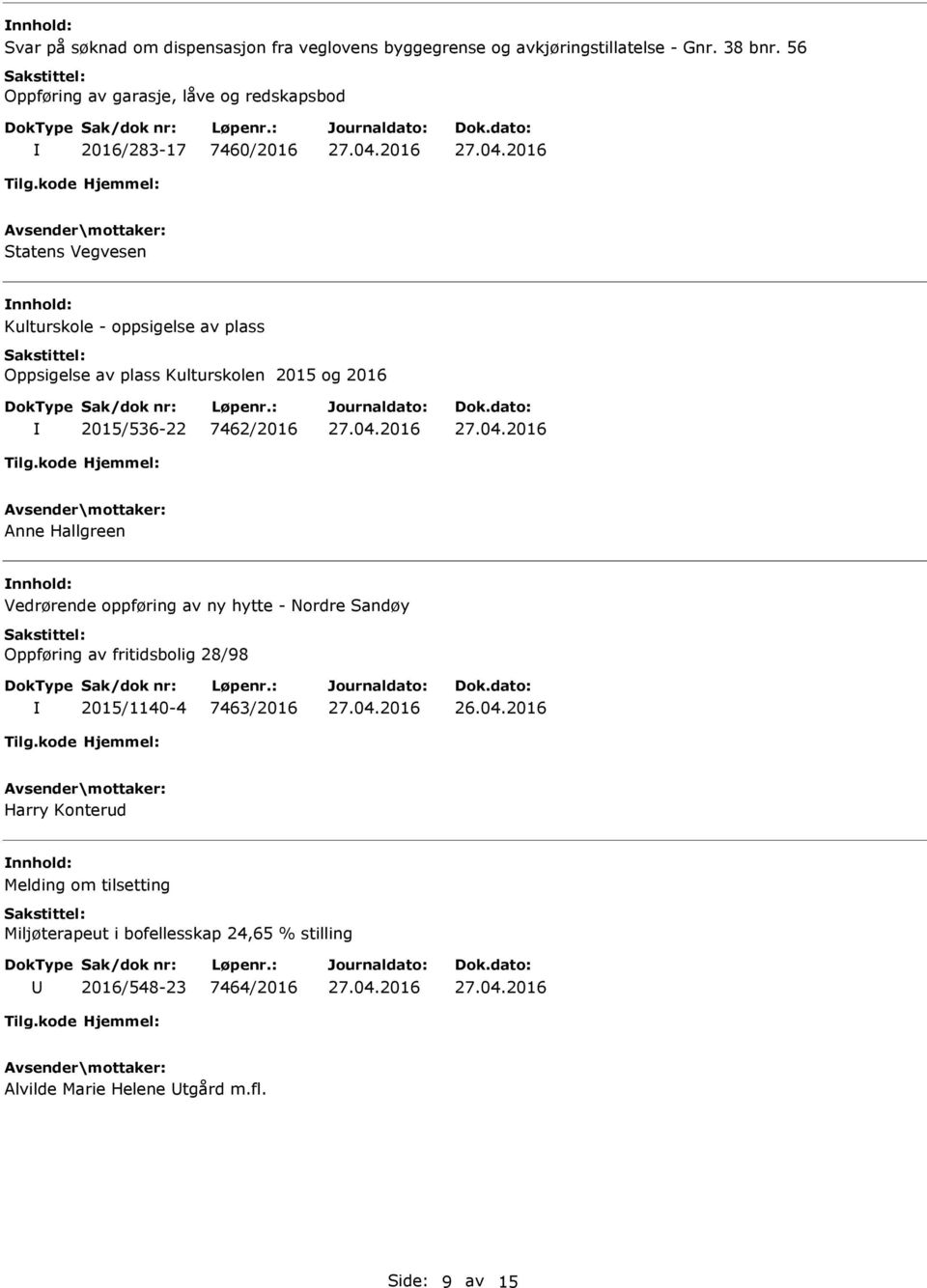 Kulturskolen 2015 og 2016 2015/536-22 7462/2016 Anne Hallgreen Vedrørende oppføring av ny hytte - Nordre Sandøy Oppføring av fritidsbolig