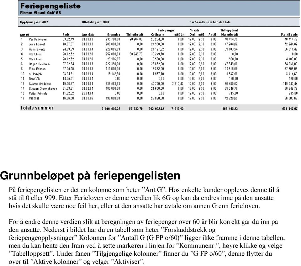 For å endre denne verdien slik at beregningen av feriepenger over 60 år blir korrekt går du inn på den ansatte. Nederst i bildet har du en tabell som heter Forskuddstrekk og feriepengeopplysninger.