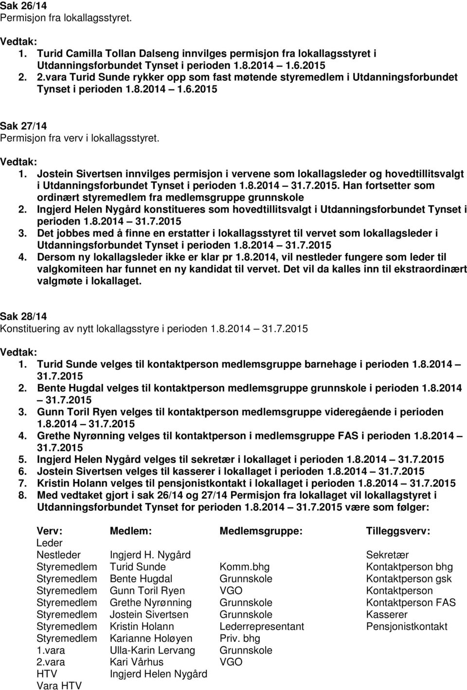 7.2015. Han fortsetter som ordinært styremedlem fra medlemsgruppe grunnskole 2. Ingjerd Helen Nygård konstitueres som hovedtillitsvalgt i Utdanningsforbundet Tynset i perioden 1.8.2014 31.7.2015 3.