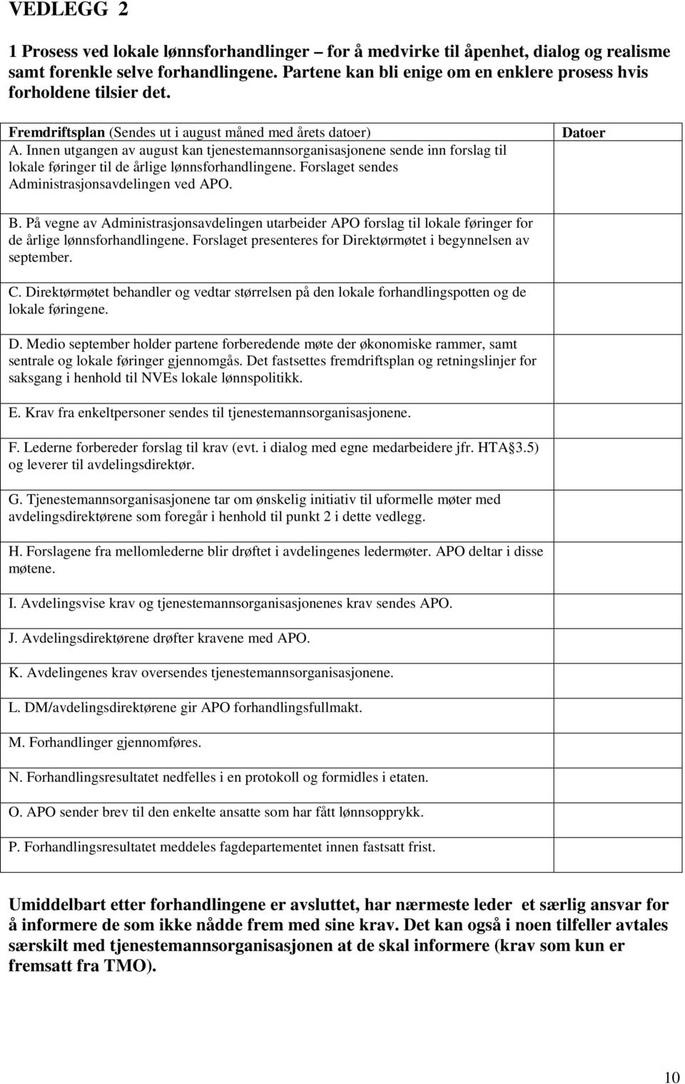 Innen utgangen av august kan tjenestemannsorganisasjonene sende inn forslag til lokale føringer til de årlige lønnsforhandlingene. Forslaget sendes Administrasjonsavdelingen ved APO. Datoer B.