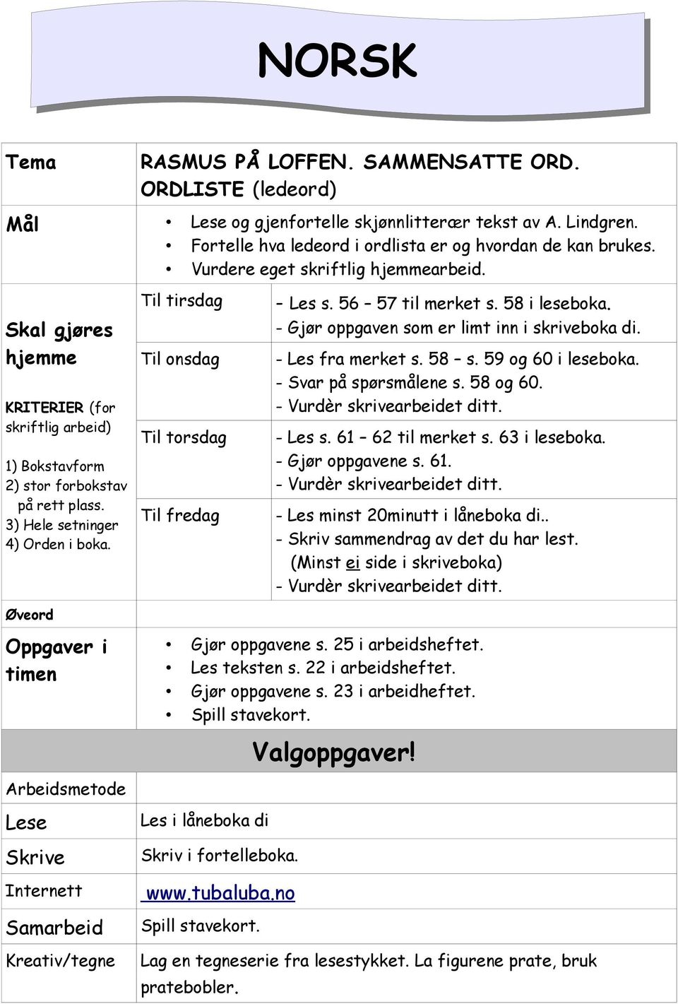 Øveord Oppgaver i timen Arbeidsmetode Lese Til tirsdag Til onsdag Til torsdag Til fredag - Les s. 56 57 til merket s. 58 i leseboka. - Gjør oppgaven som er limt inn i skriveboka di.