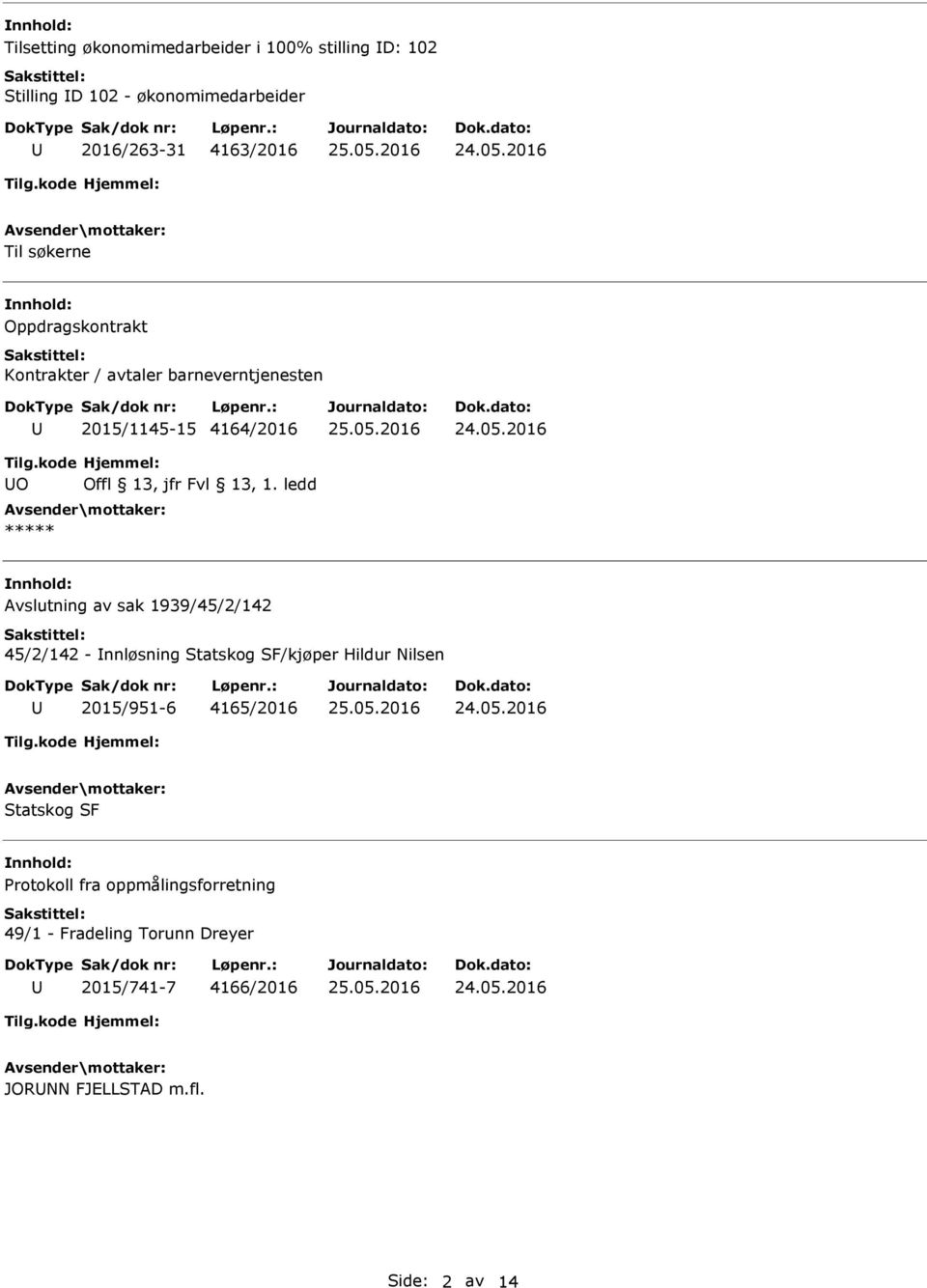 ledd ***** Avslutning av sak 1939/45/2/142 45/2/142 - nnløsning Statskog SF/kjøper Hildur Nilsen 2015/951-6 4165/2016