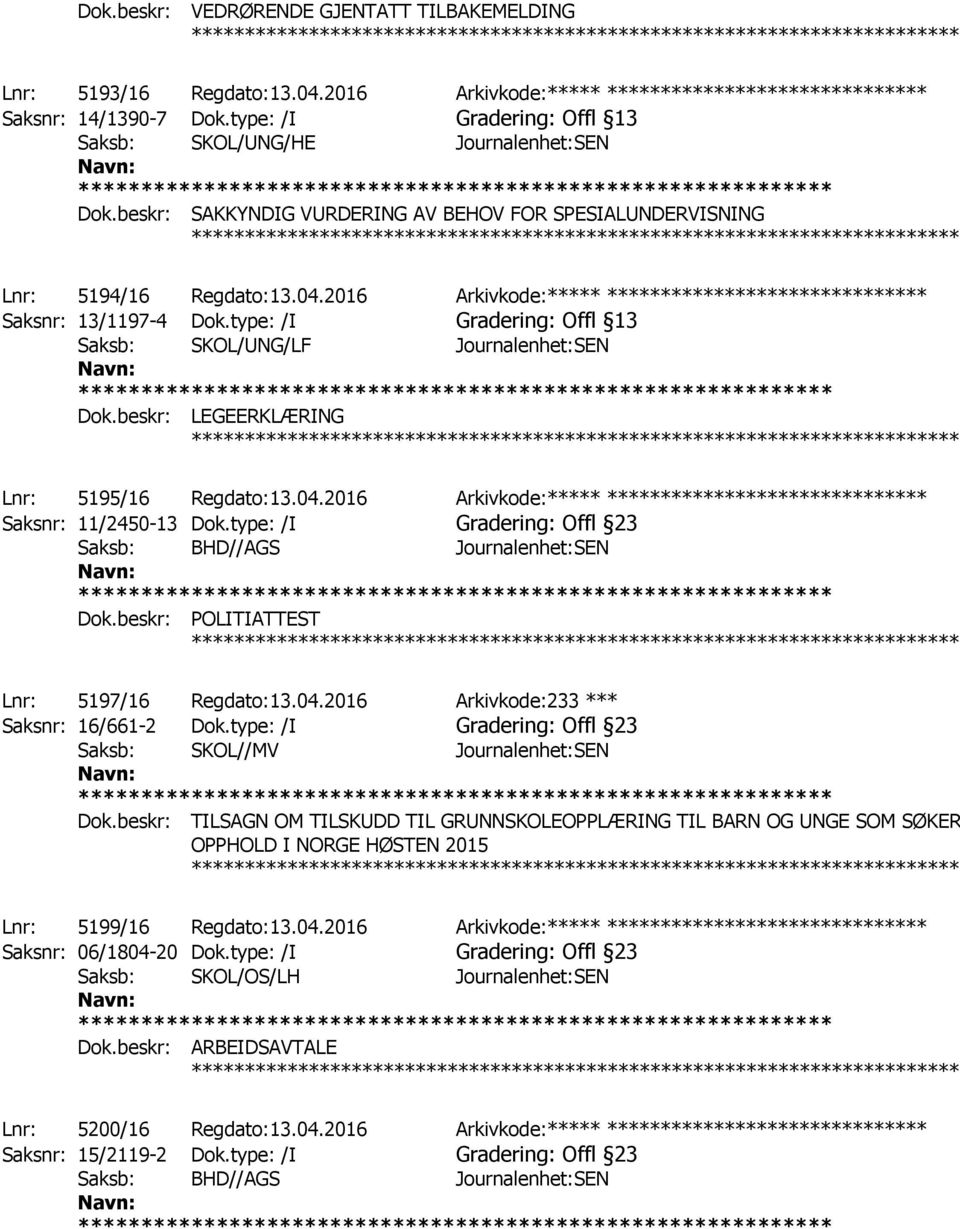2016 Arkivkode:***** ****************************** Saksnr: 13/1197-4 Dok.type: /I Gradering: Offl 13 Saksb: SKOL/UNG/LF Journalenhet:SEN Dok.beskr: LEGEERKLÆRING ************ Lnr: 5195/16 Regdato:13.