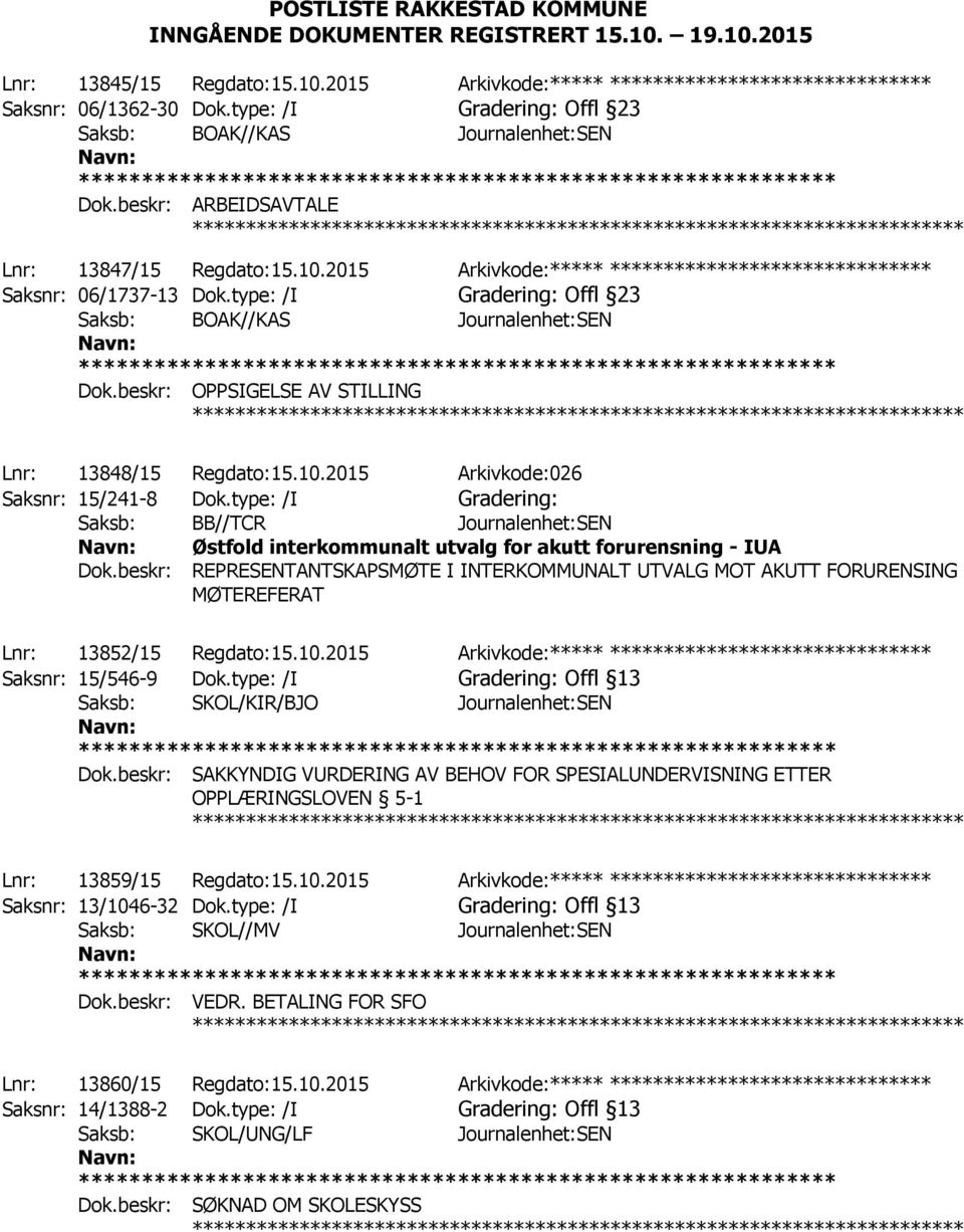 type: /I Offl 23 Saksb: BOAK//KAS Journalenhet:SEN Dok.beskr: OPPSIGELSE AV STILLING Dok.beskr: REPRESENTANTSKAPSMØTE I INTERKOMMUNALT UTVALG MOT AKUTT FORURENSING - Lnr: 13848/15 Regdato:15.10.