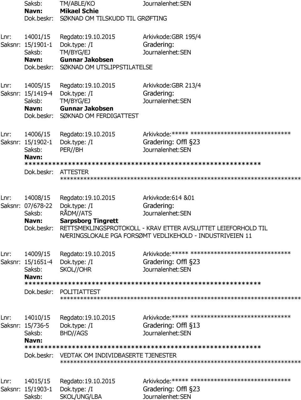 type: /I Saksb: TM/BYG/EJ Journalenhet:SEN Gunnar Jakobsen Dok.beskr: SØKNAD OM FERDIGATTEST ************ Lnr: 14006/15 Regdato:19.10.