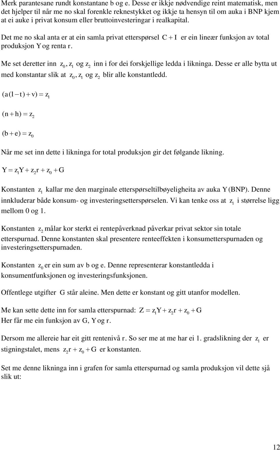 realkapital. Det me no skal anta er at ein samla privat etterspørsel C I er ein lineær funksjon av total produksjon Y og renta r.