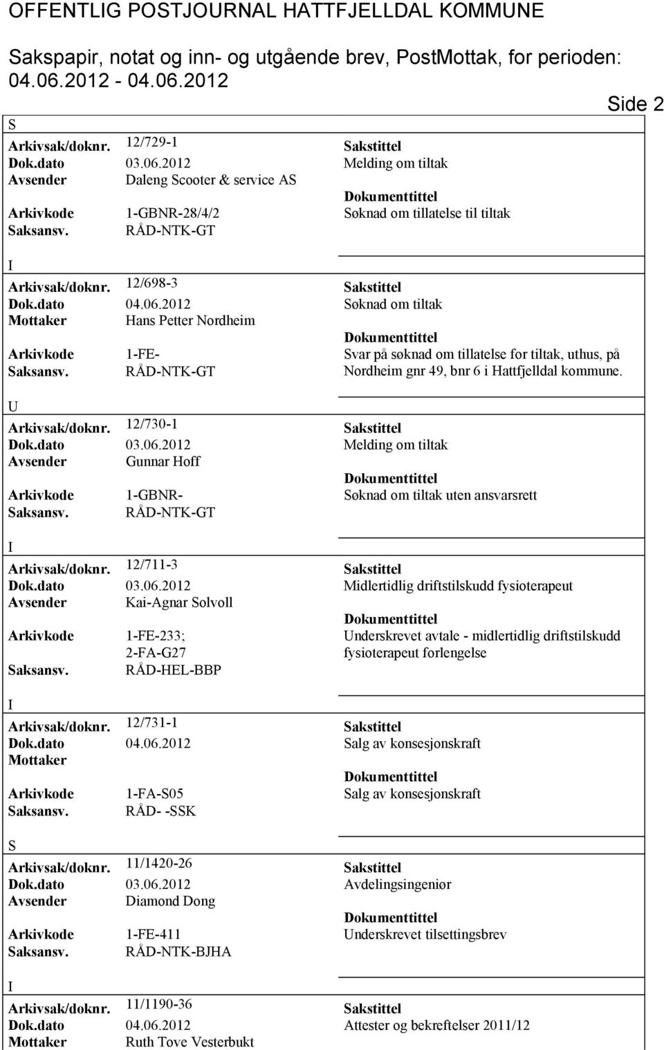 2012 øknad om tiltak Hans Petter Nordheim Arkivkode 1-FE- var på søknad om tillatelse for tiltak, uthus, på Nordheim gnr 49, bnr 6 i Hattfjelldal kommune. Arkivsak/doknr. 12/730-1 akstittel Dok.