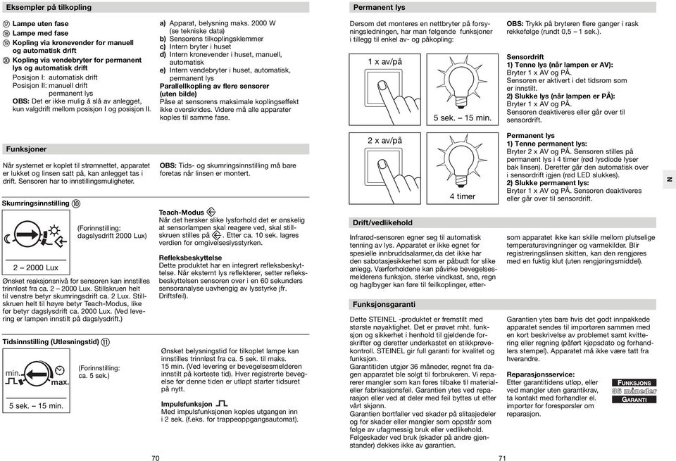 00 W (se tekniske data) b) Sensorens tilkoplingsklemmer c) Intern bryter i huset d) Intern kronevender i huset, manuell, automatisk e) Intern vendebryter i huset, automatisk, permanent lys