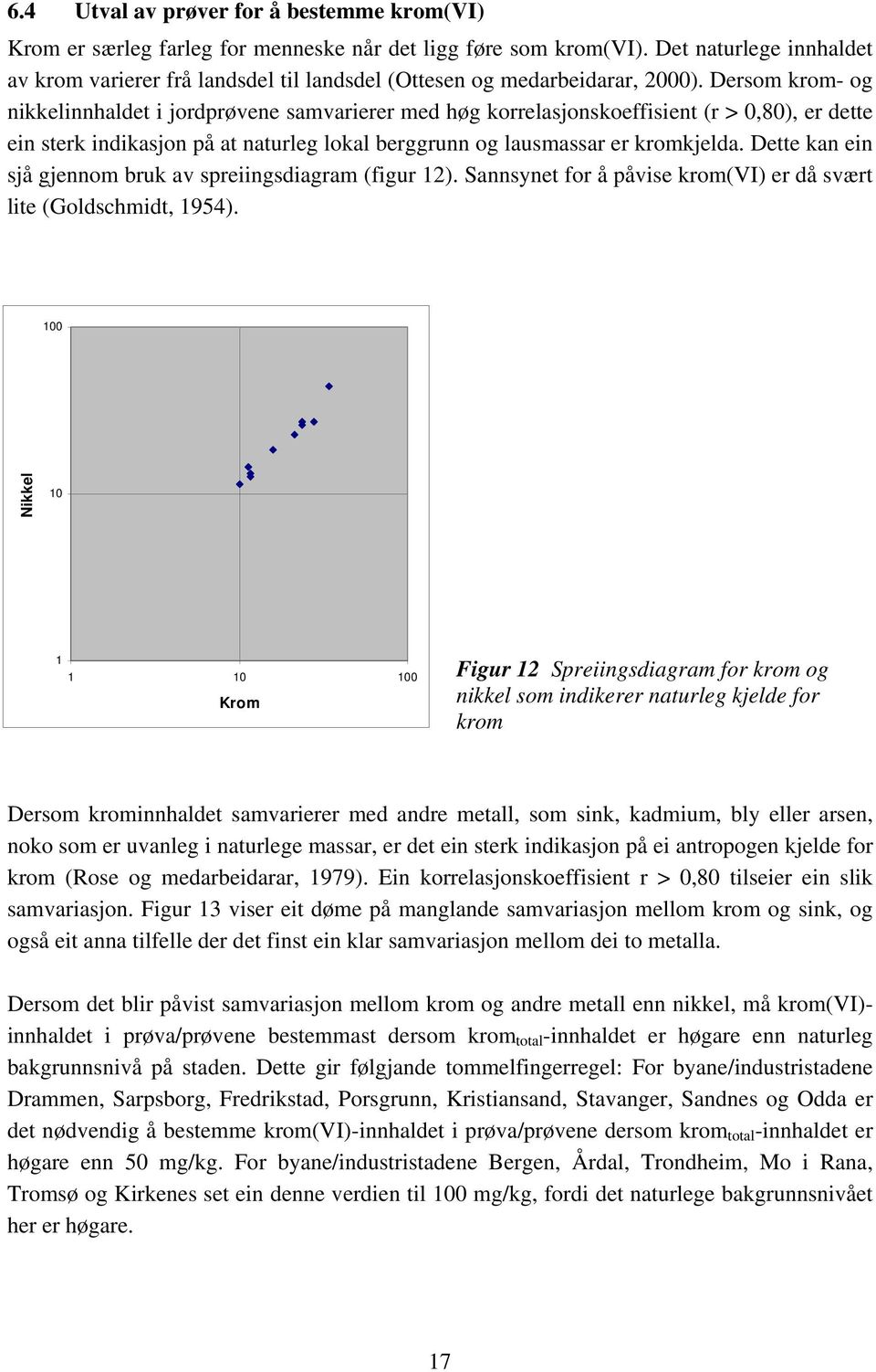 Dersom krom- og nikkelinnhaldet i jordprøvene samvarierer med høg korrelasjonskoeffisient (r > 0,80), er dette ein sterk indikasjon på at naturleg lokal berggrunn og lausmassar er kromkjelda.