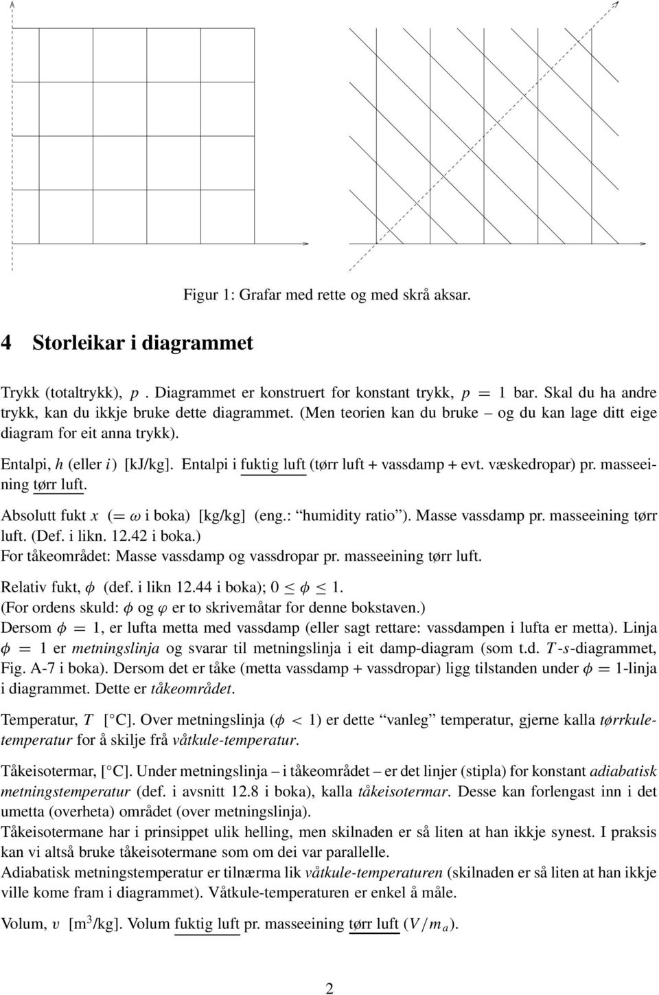 Entalpi i fuktig luft (tørr luft + vassdamp + evt. væskedropar) pr. masseeining tørr luft. Absolutt fukt x (= ω i boka) [kg/kg] (eng.: humidity ratio ). Masse vassdamp pr. masseeining tørr luft. (Def.