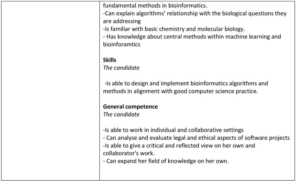 - Has knowledge about central methods within machine learning and bioinforamtics Skills -Is able to design and implement bioinformatics algorithms and methods in