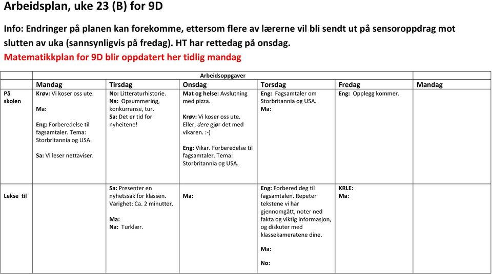 Tema: Storbritannia og USA. : Vi leser nettaviser. : Litteraturhistorie. : Opsummering, konkurranse, tur. : Det er tid for nyheitene! Mat og helse: Avslutning med pizza. : Vi koser oss ute.