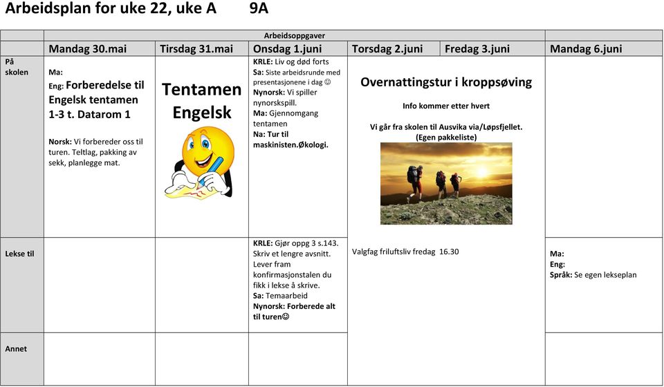 Tentamen Engelsk : Liv og død forts : Siste arbeidsrunde med presentasjonene i dag J Nynorsk: Vi spiller nynorskspill. Gjennomgang tentamen : Tur til maskinisten.økologi.