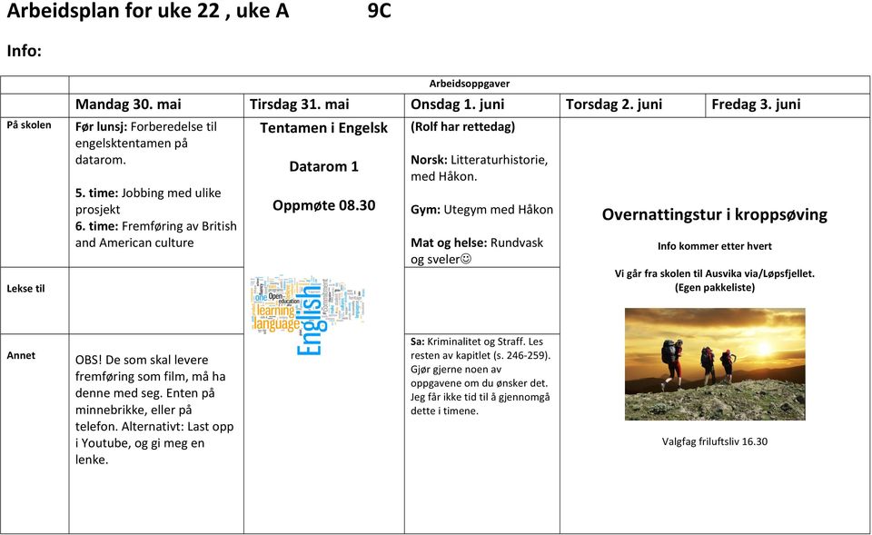 Gym: Utegym med Håkon Mat og helse: Rundvask og svelerj Overnattingstur i kroppsøving Info kommer etter hvert Vi går fra skolen til Ausvika via/løpsfjellet. (Egen pakkeliste) OBS!