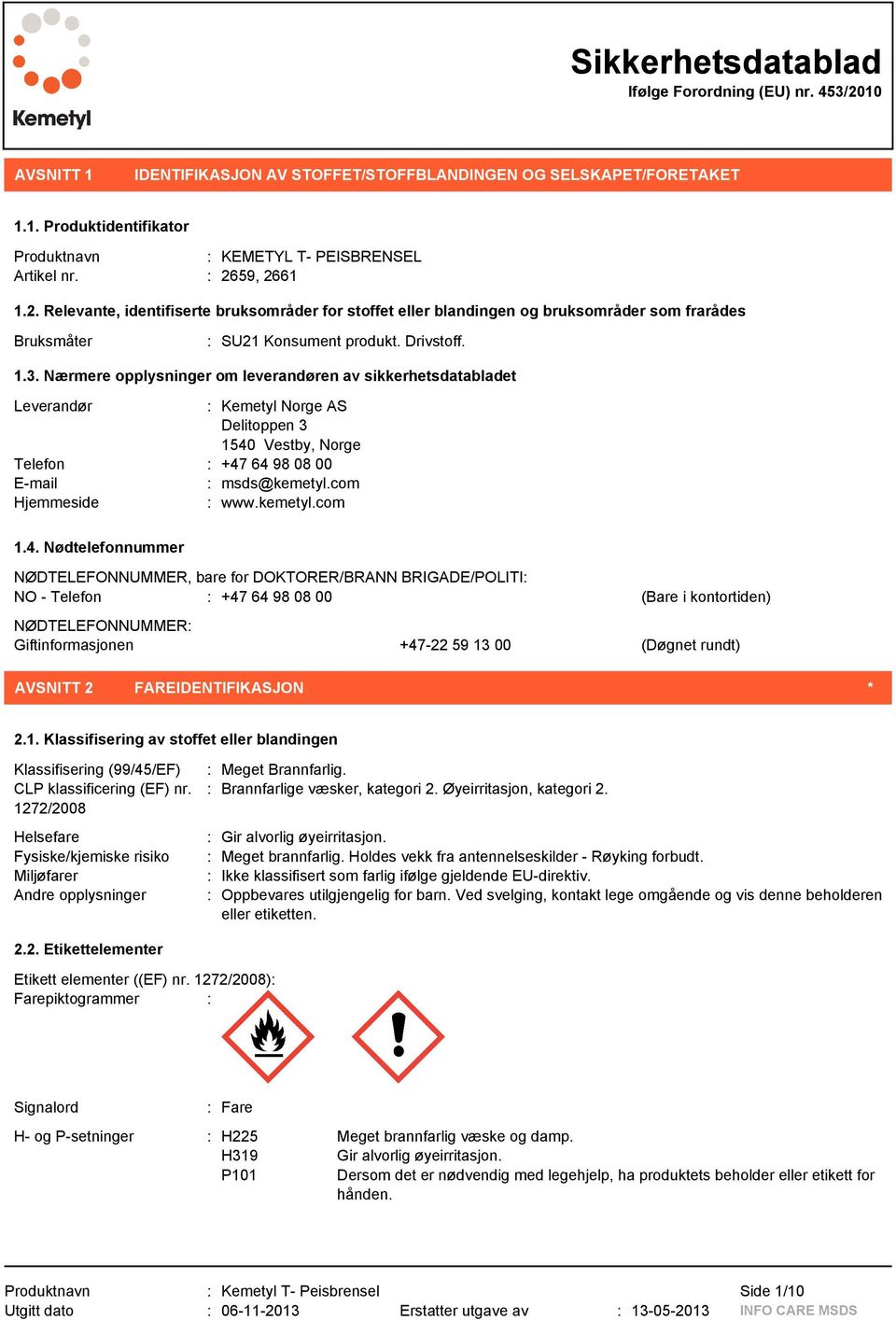 Nærmere opplysninger om leverandøren av sikkerhetsdatabladet Leverandør : Kemetyl Norge AS Delitoppen 3 1540 Vestby, Norge Telefon : +47 64 98 08 00 E-mail : msds@kemetyl.com Hjemmeside : www.kemetyl.com 1.