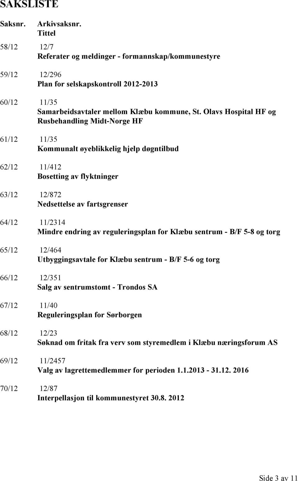 Olavs Hospital HF og Rusbehandling Midt-Norge HF 61/12 11/35 Kommunalt øyeblikkelig hjelp døgntilbud 62/12 11/412 Bosetting av flyktninger 63/12 12/872 Nedsettelse av fartsgrenser 64/12 11/2314