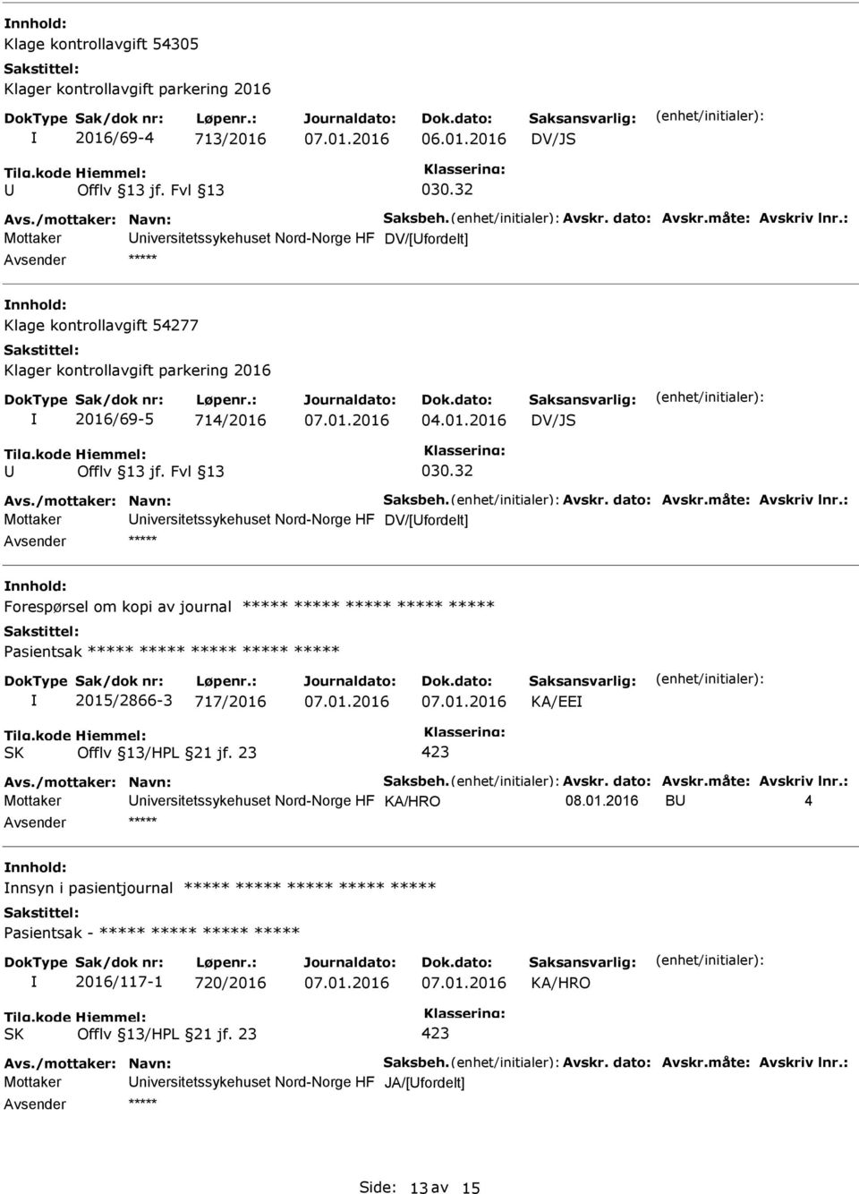 32 Mottaker niversitetssykehuset Nord-Norge HF DV/[fordelt] ***** Forespørsel om kopi av journal ***** ***** ***** ***** ***** ***** 2015/2866-3 717/2016 KA/EE