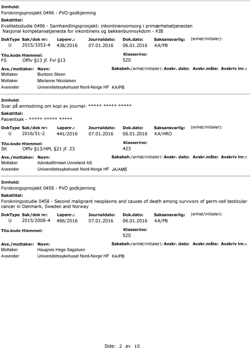 441/2016 Mottaker Advokatfirmaet nneland AS niversitetssykehuset Nord-Norge HF JA/AME Forskningsprosjekt 0458 - PVO godkjenning Forskningsstudie 0458 - Second malignant neoplasms and causes of