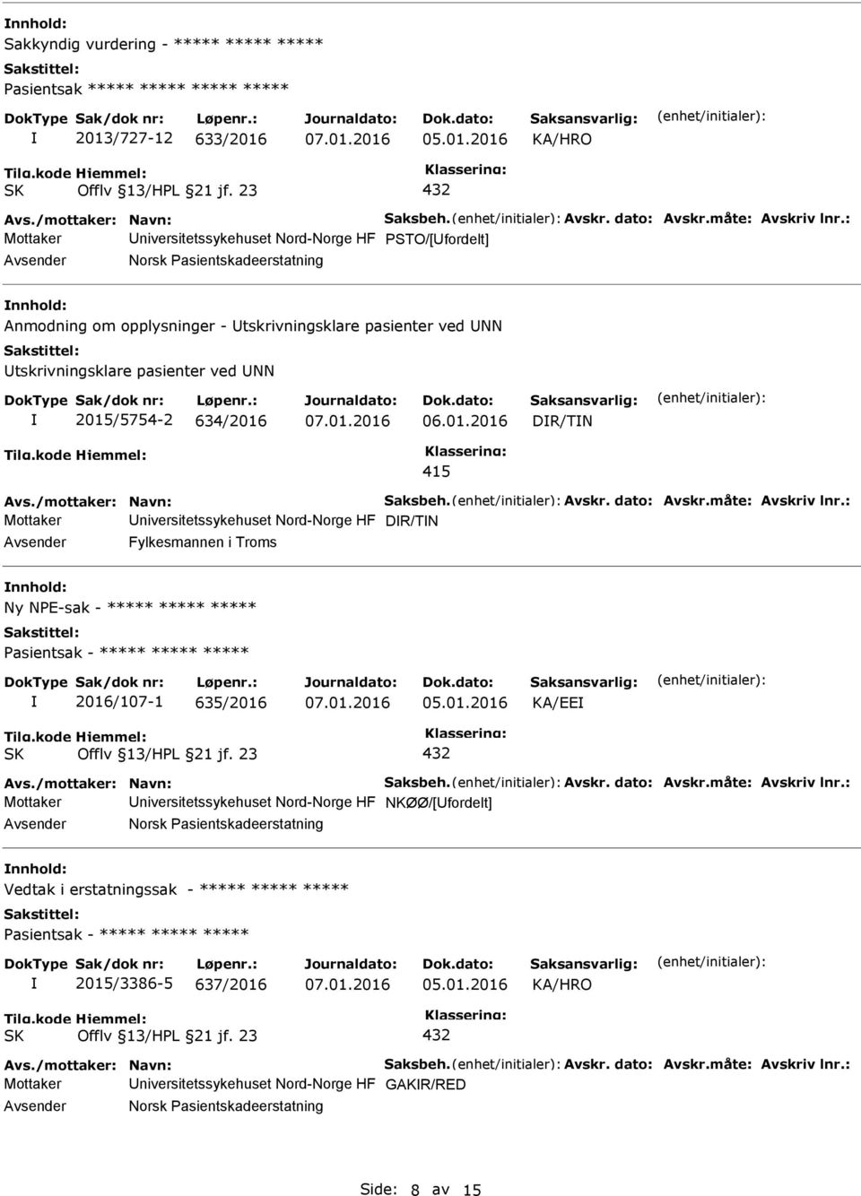 Fylkesmannen i Troms Ny NPE-sak - ***** ***** ***** 2016/107-1 635/2016 KA/EE 432 Mottaker niversitetssykehuset Nord-Norge HF NKØØ/[fordelt] Norsk