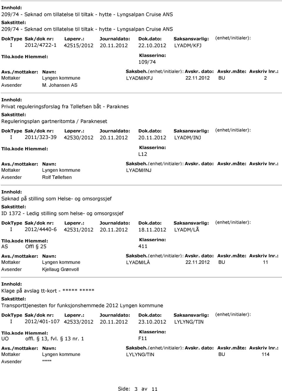 Johansen AS nnhold: Privat reguleringsforslag fra Tøllefsen båt - Paraknes Reguleringsplan gartneritomta / Parakneset 2011/323-39 42530/2012 LYADM/NJ L12 LYADM/NJ Avsender Rolf Tøllefsen nnhold: