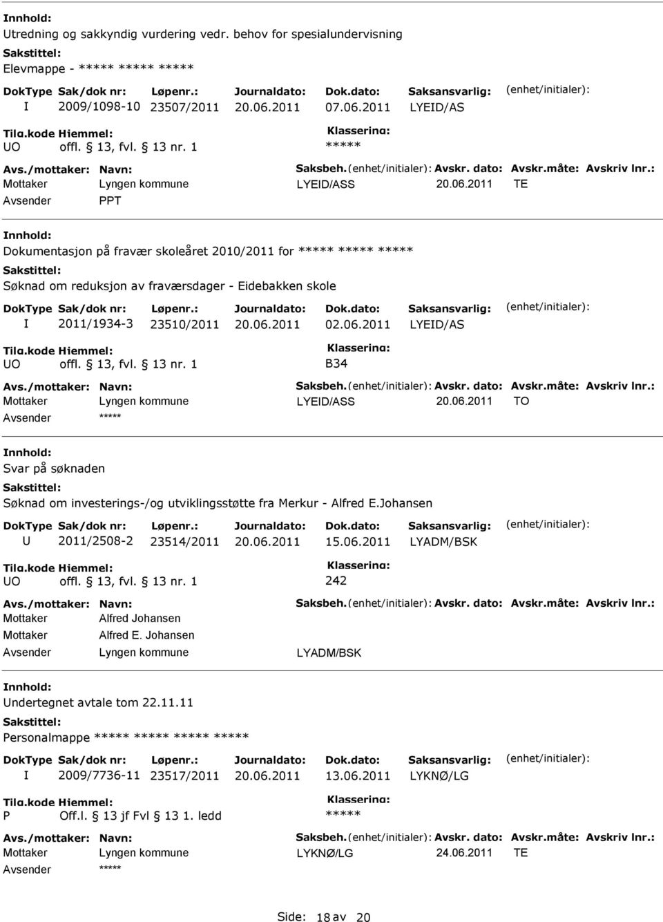 Avskr. dato: Avskr.måte: Avskriv lnr.: LYED/ASS TO Svar på søknaden Søknad om investerings-/og utviklingsstøtte fra Merkur - Alfred E.Johansen 2011/2508-2 23514/2011 15.06.2011 LYADM/BSK O 242 Avs.