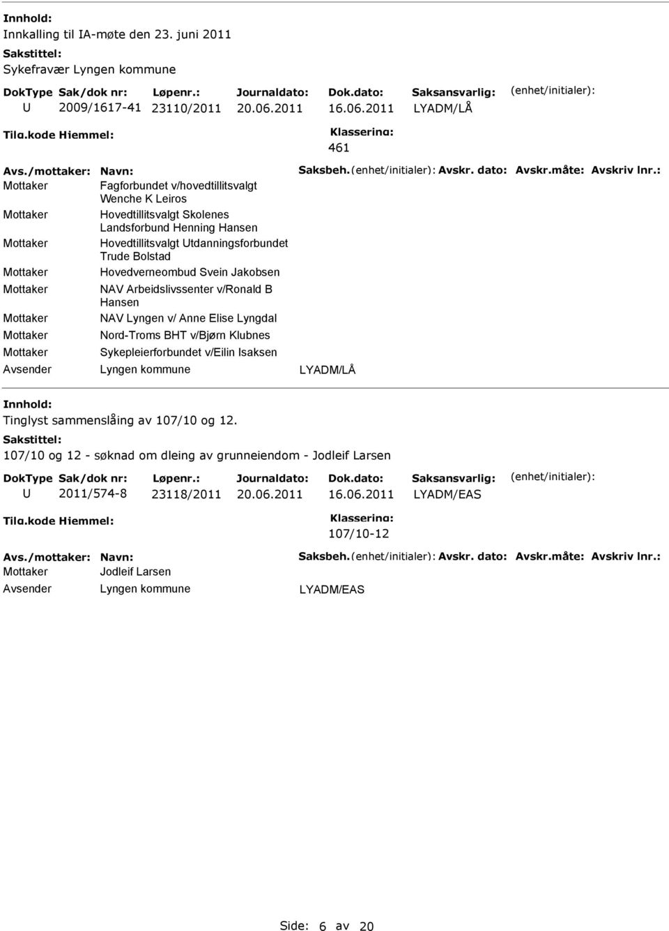 Jakobsen NAV Arbeidslivssenter v/ronald B Hansen NAV Lyngen v/ Anne Elise Lyngdal Nord-Troms BHT v/bjørn Klubnes Sykepleierforbundet v/eilin saksen LYADM/LÅ Tinglyst sammenslåing av