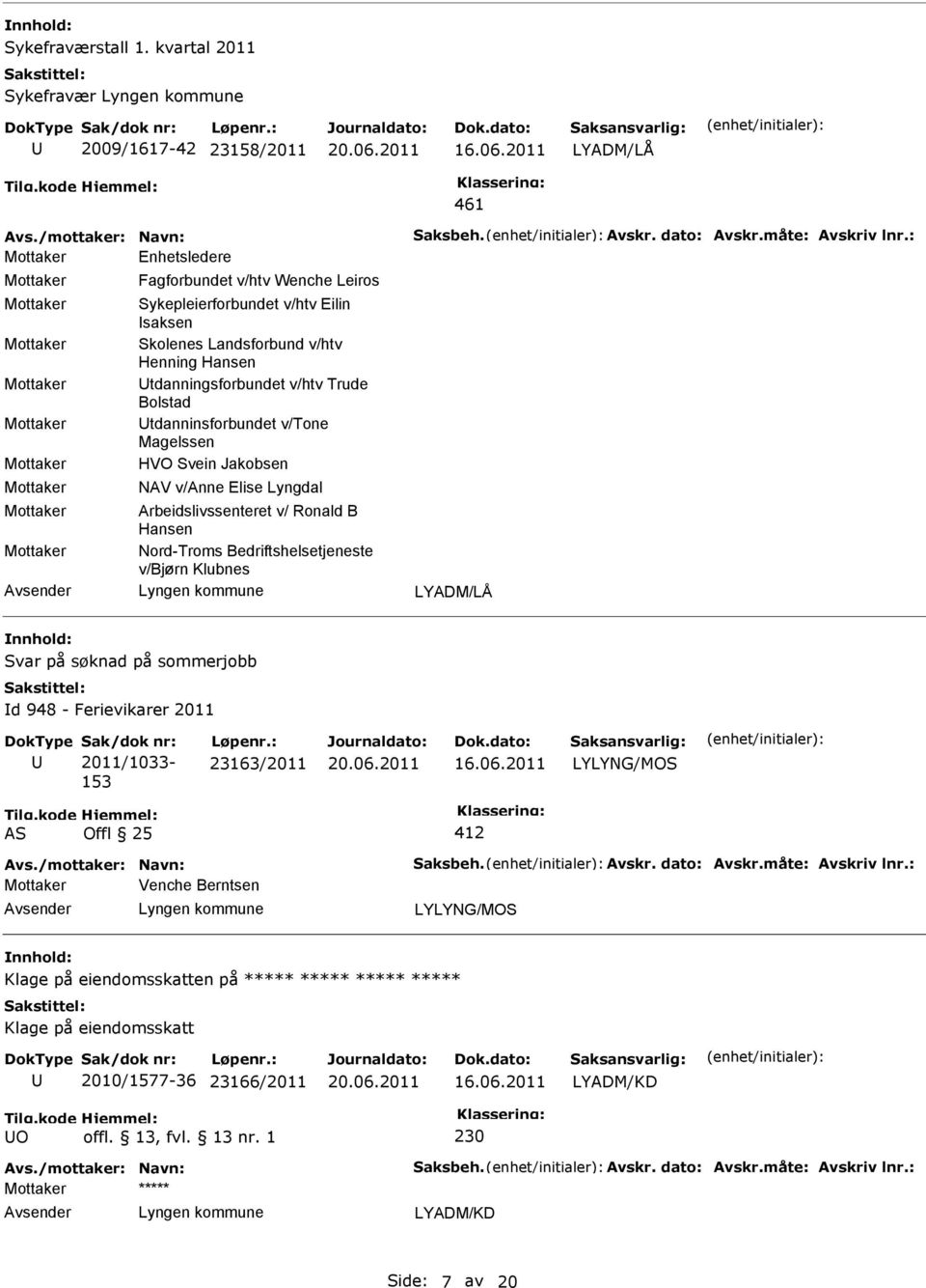 Magelssen HVO Svein Jakobsen NAV v/anne Elise Lyngdal Arbeidslivssenteret v/ Ronald B Hansen Nord-Troms Bedriftshelsetjeneste v/bjørn Klubnes LYADM/LÅ Svar på søknad på sommerjobb d 948 -