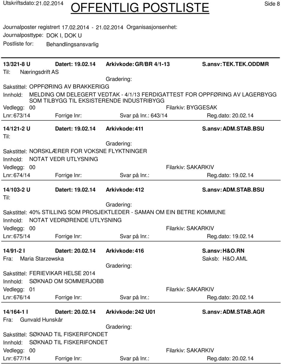 673/14 Forrige lnr: Svar på lnr.: 643/14 Reg.dato: 20.02.14 14/121-2 U Datert: 19.02.14 Arkivkode:411 Sakstittel: NORSKLÆRER FOR VOKSNE FLYKTNINGER Innhold: NOTAT VEDR UTLYSNING Lnr: 674/14 Forrige lnr: Svar på lnr.