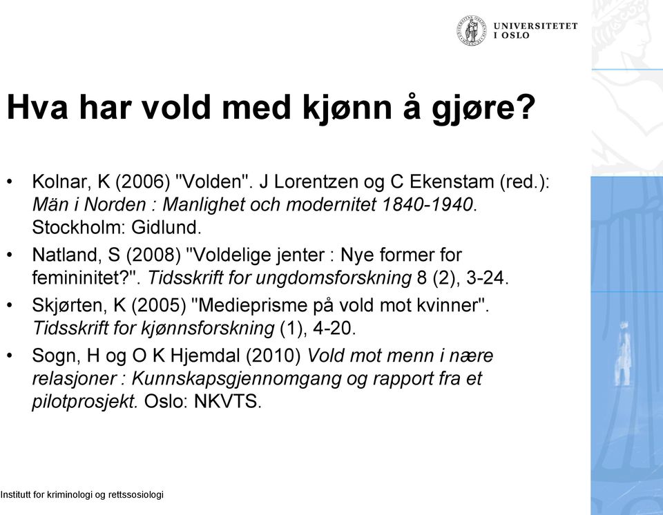Natland, S (2008) "Voldelige jenter : Nye former for femininitet?". Tidsskrift for ungdomsforskning 8 (2), 3-24.