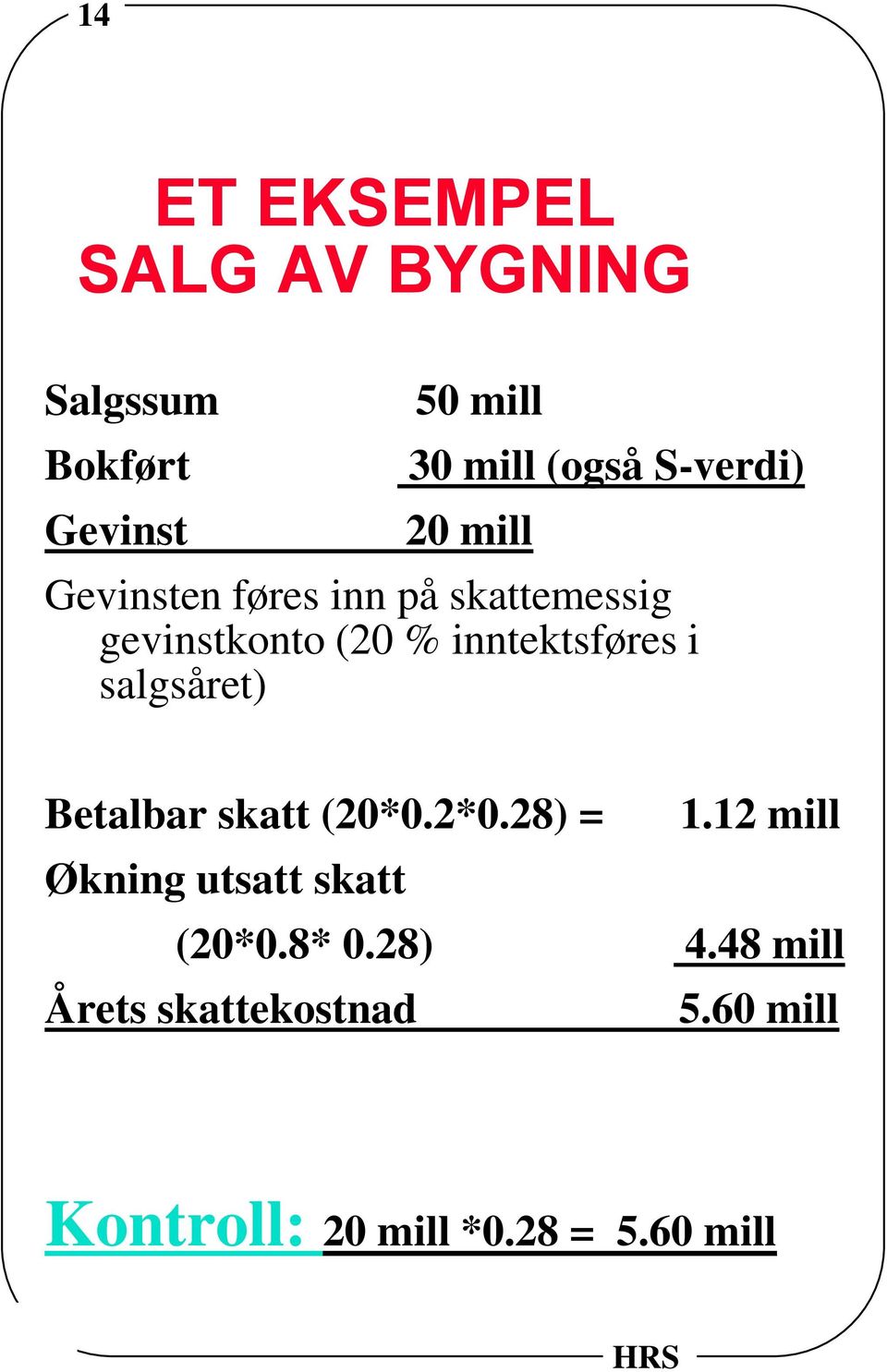 inntektsføres i salgsåret) Betalbar skatt (20*0.2*0.28) = 1.