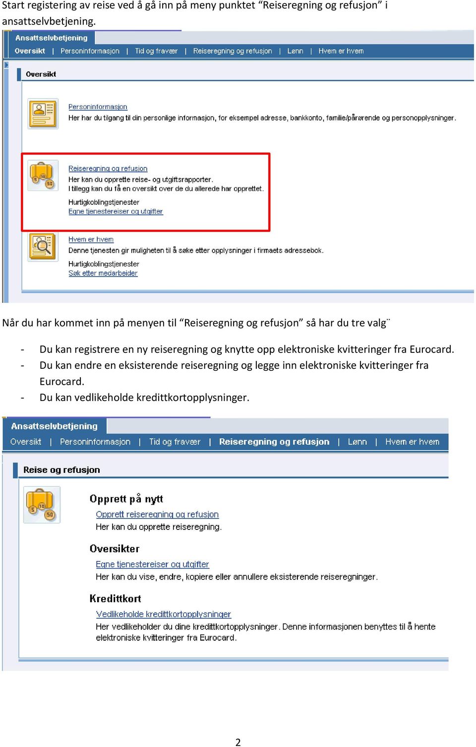 reiseregning og knytte opp elektroniske kvitteringer fra Eurocard.