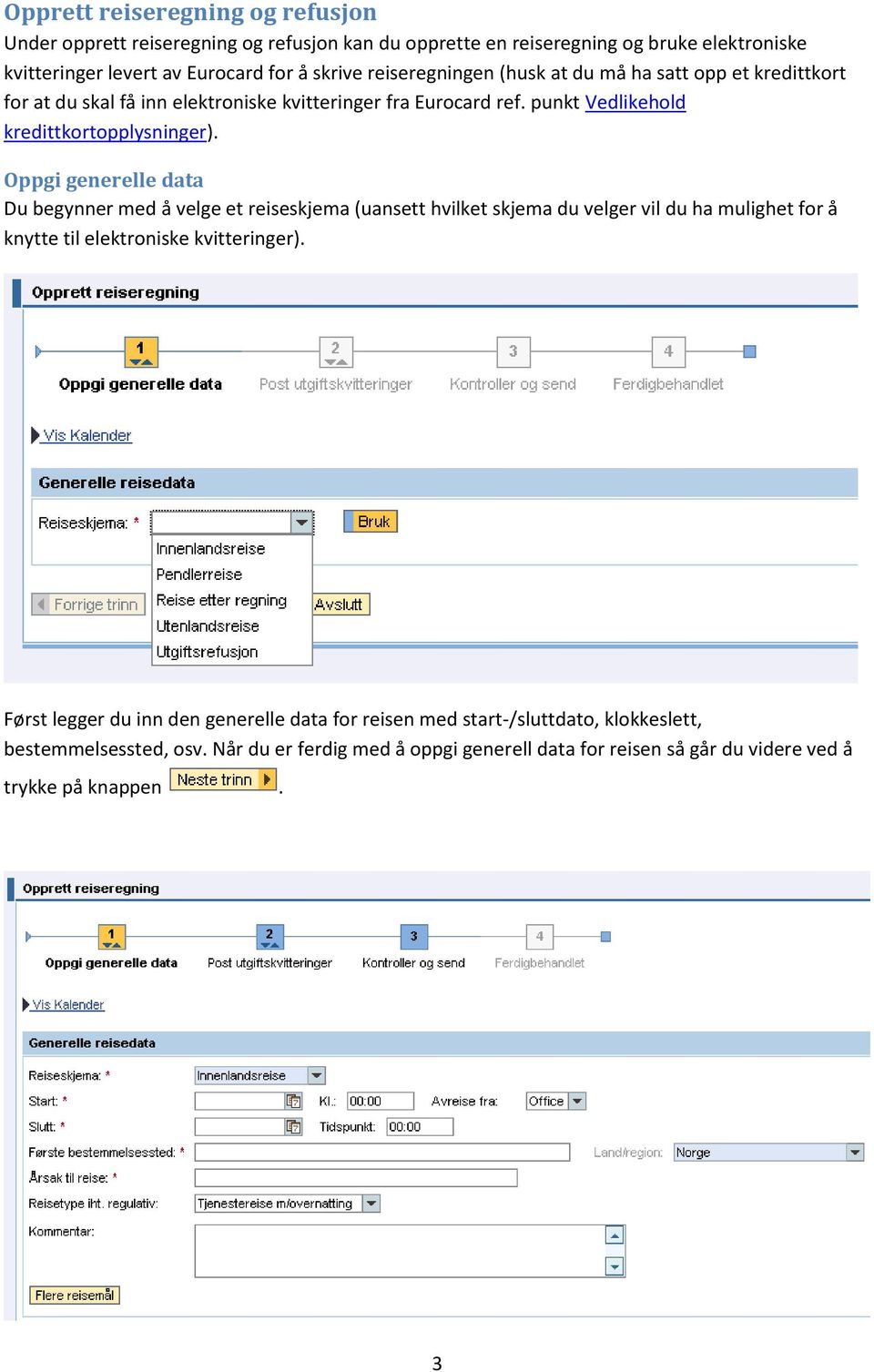 Oppgi generelle data Du begynner med å velge et reiseskjema (uansett hvilket skjema du velger vil du ha mulighet for å knytte til elektroniske kvitteringer).