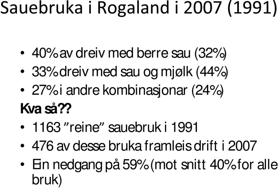 ? 1163 reine sauebruk i 1991 476 av desse bruka