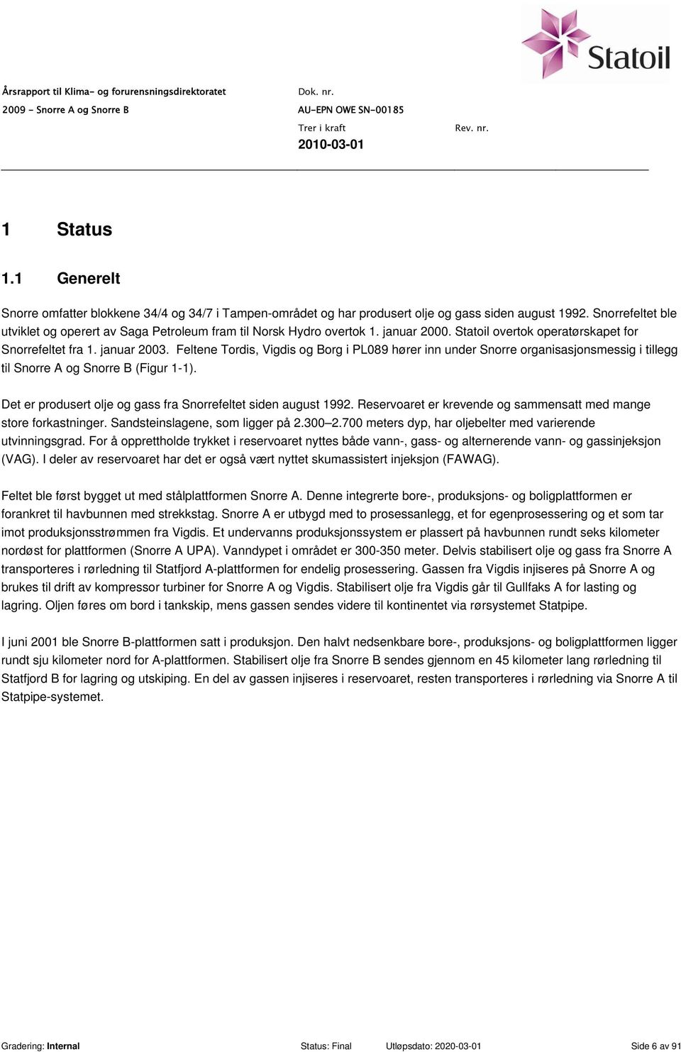 Feltene Tordis, Vigdis og Borg i PL089 hører inn under Snorre organisasjonsmessig i tillegg til Snorre A og Snorre B (Figur 1-1). Det er produsert olje og gass fra Snorrefeltet siden august 1992.