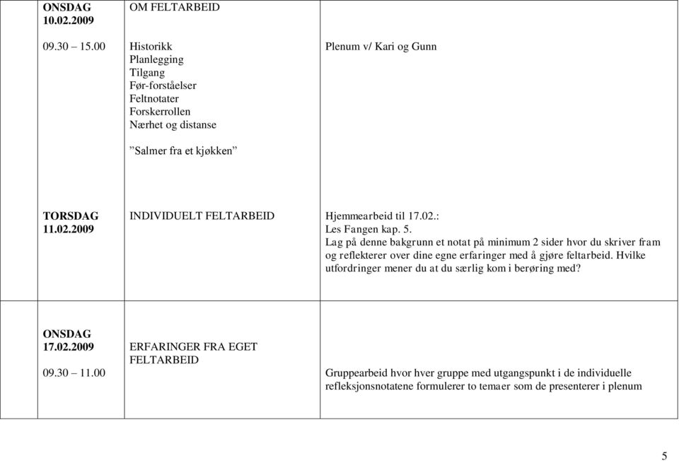 2009 INDIVIDUELT FELTARBEID Hjemmearbeid til 17.02.: Les Fangen kap. 5.