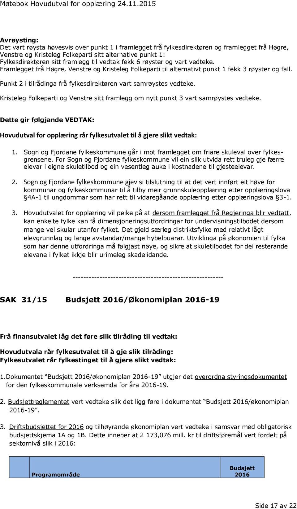 Punkt 2 i tilrådinga frå fylkesdirektøren vart samrøystes vedteke. Kristeleg Folkeparti og Venstre sitt framlegg om nytt punkt 3 vart samrøystes vedteke.