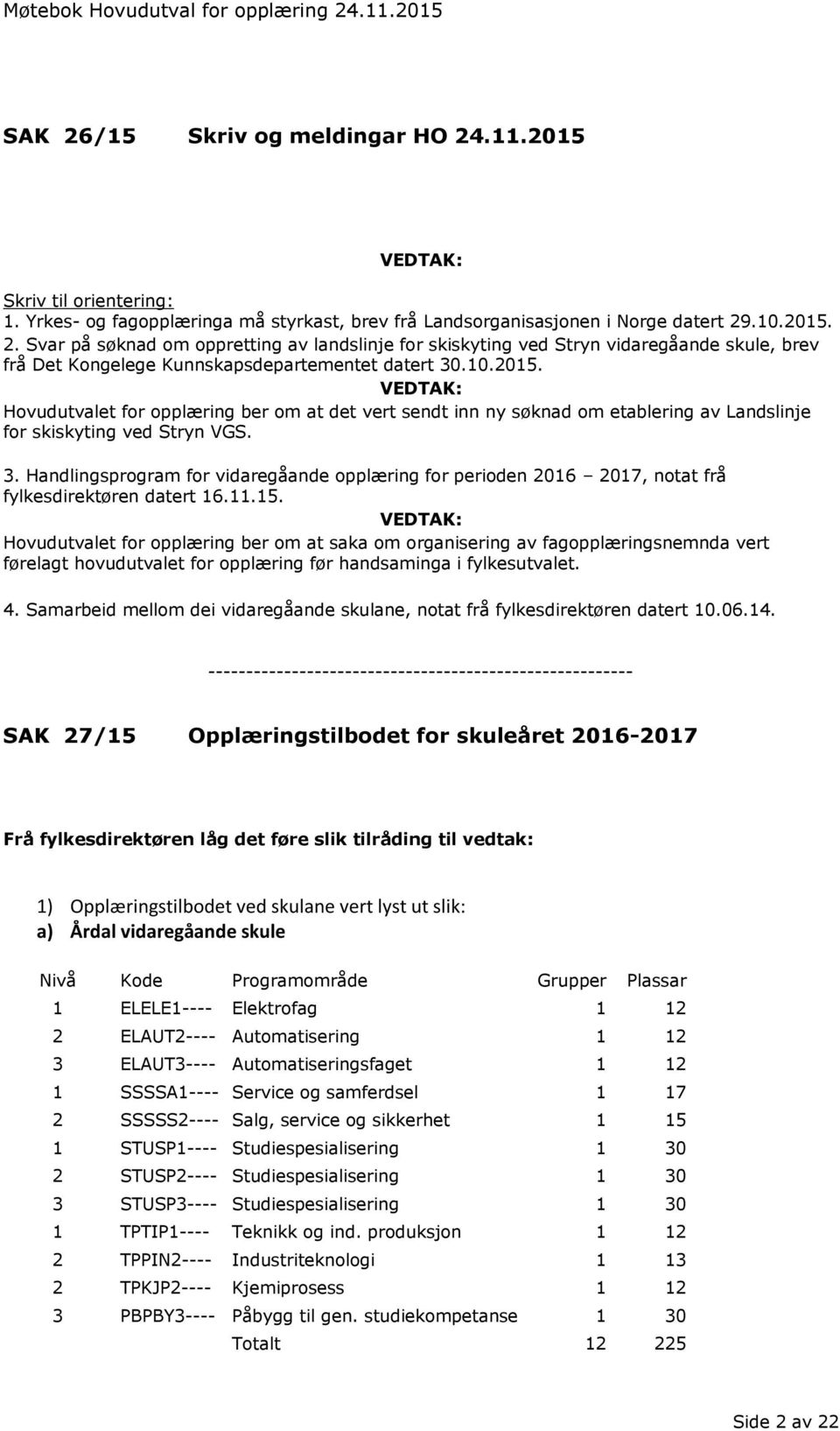 Handlingsprogram for vidaregåande opplæring for perioden 2016 2017, notat frå fylkesdirektøren datert 16.11.15.