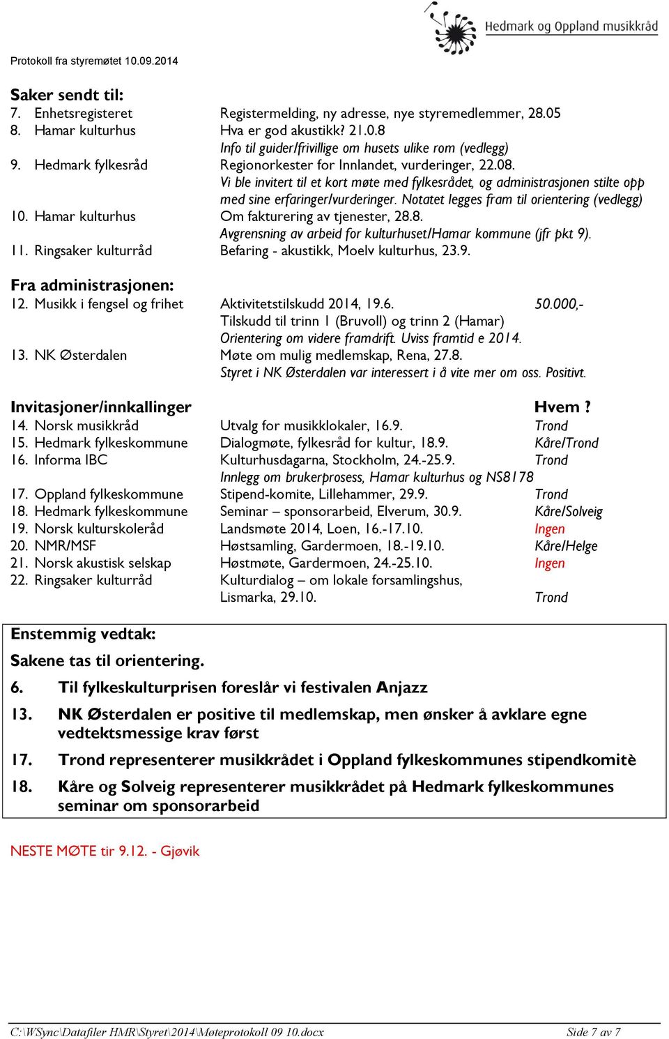 Notatet legges fram til orientering (vedlegg) 10. Hamar kulturhus Om fakturering av tjenester, 28.8. Avgrensning av arbeid for kulturhuset/hamar kommune (jfr pkt 9). 11.