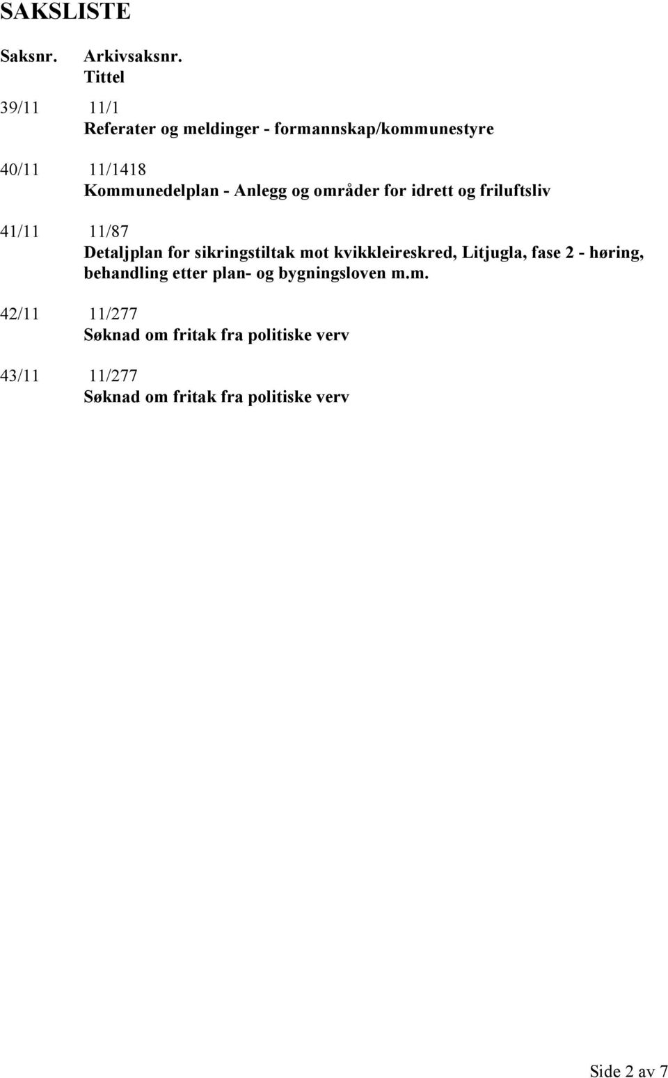 Anlegg og områder for idrett og friluftsliv 41/11 11/87 Detaljplan for sikringstiltak mot