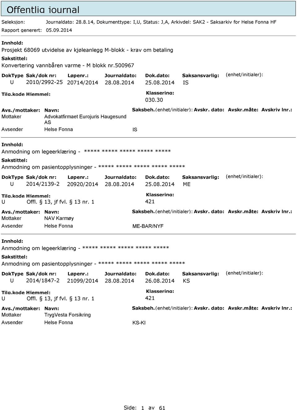 30 Mottaker Advokatfirmaet Eurojuris Haugesund AS IS Anmodning om legeerklæring - ***** ***** Anmodning om pasientopplysninger - ***** ***** 2014/2139-2 20920/2014 25.08.2014 Offl.