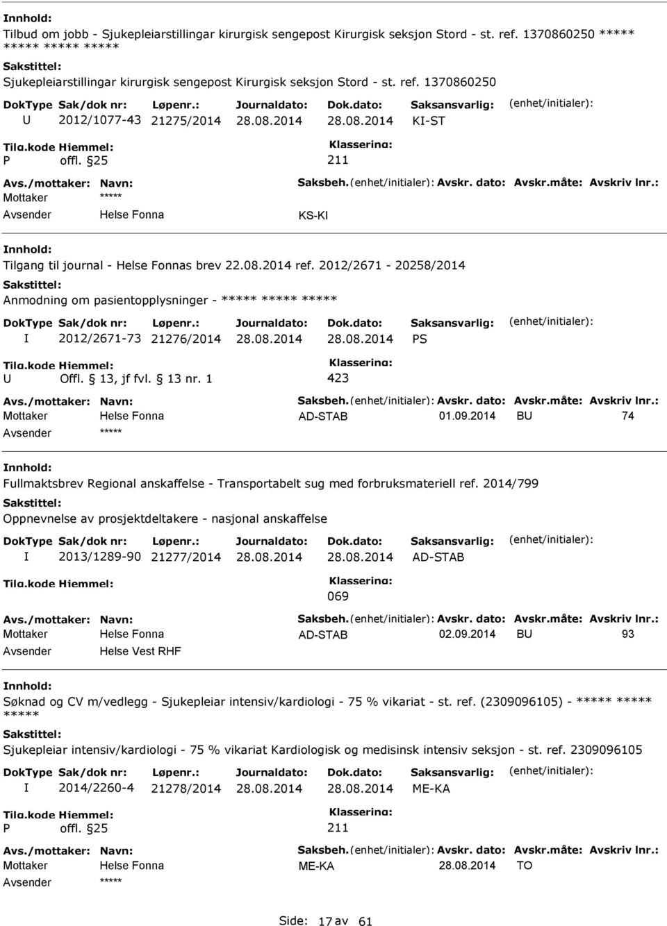 2014/799 Oppnevnelse av prosjektdeltakere - nasjonal anskaffelse I 2013/1289-90 21277/2014 AD-STAB 069 Mottaker AD-STAB 02.09.