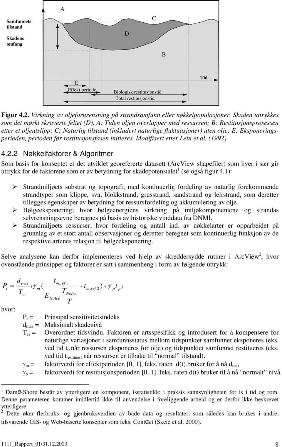 A: Tiden oljen overlapper med ressursen; B: Restitusjonsprosessen etter et oljeutslipp; C: Naturlig tilstand (inkludert naturlige fluktuasjoner) uten olje; E: Eksponeringsperioden, perioden før