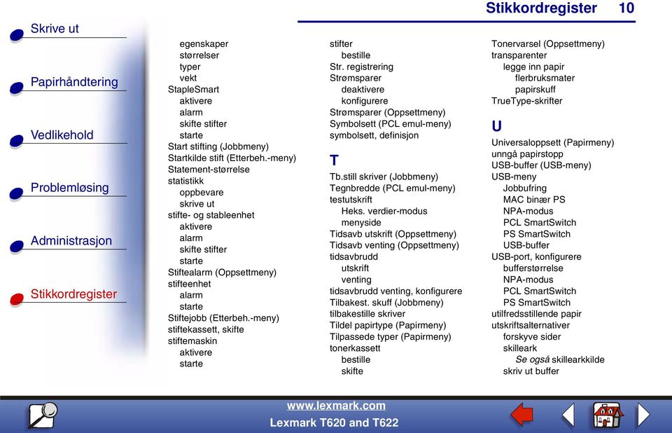-meny) stiftekassett, skifte stiftemaskin starte stifter Str. registrering Strømsparer de Strømsparer (Oppsettmeny) Symbolsett (PCL emul-meny) symbolsett, definisjon T Tb.