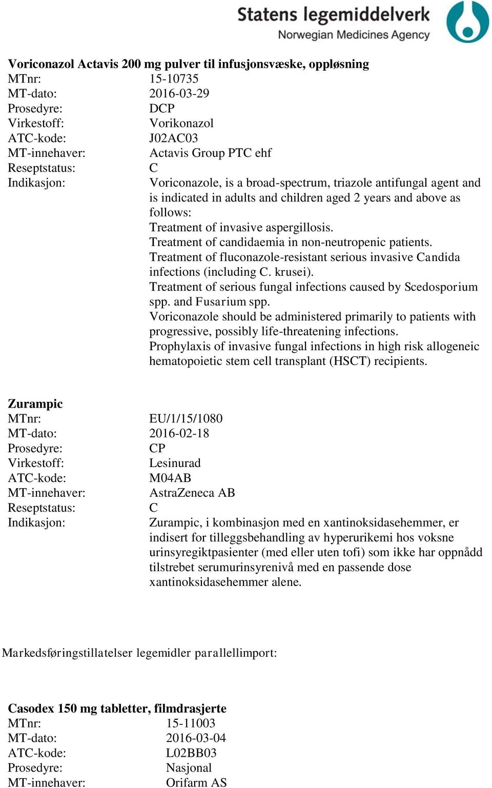 Treatment of fluconazole-resistant serious invasive andida infections (including. krusei). Treatment of serious fungal infections caused by Scedosporium spp. and Fusarium spp.