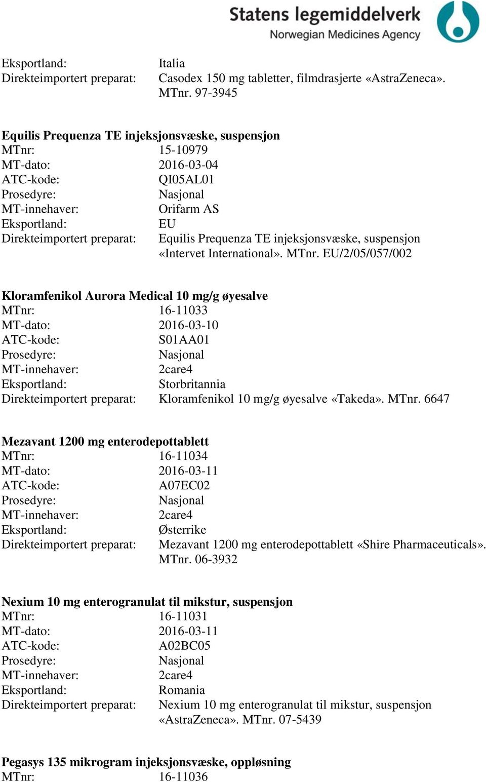 MTnr. EU/2/05/057/002 Kloramfenikol Aurora Medical 10 mg/g øyesalve MTnr: 16-11033 MT-dato: 2016-03-10 S01AA01 2care4 Storbritannia Direkteimportert preparat: Kloramfenikol 10 mg/g øyesalve «Takeda».