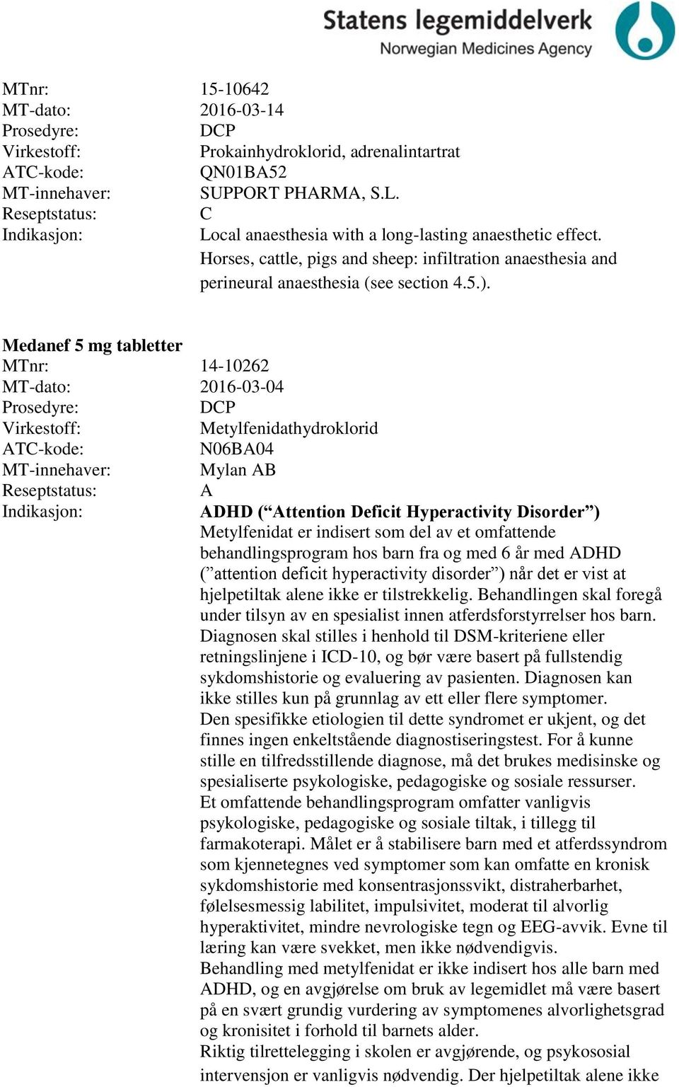 Medanef 5 mg tabletter MTnr: 14-10262 DP Metylfenidathydroklorid N06BA04 Mylan AB A ADHD ( Attention Deficit Hyperactivity Disorder ) Metylfenidat er indisert som del av et omfattende