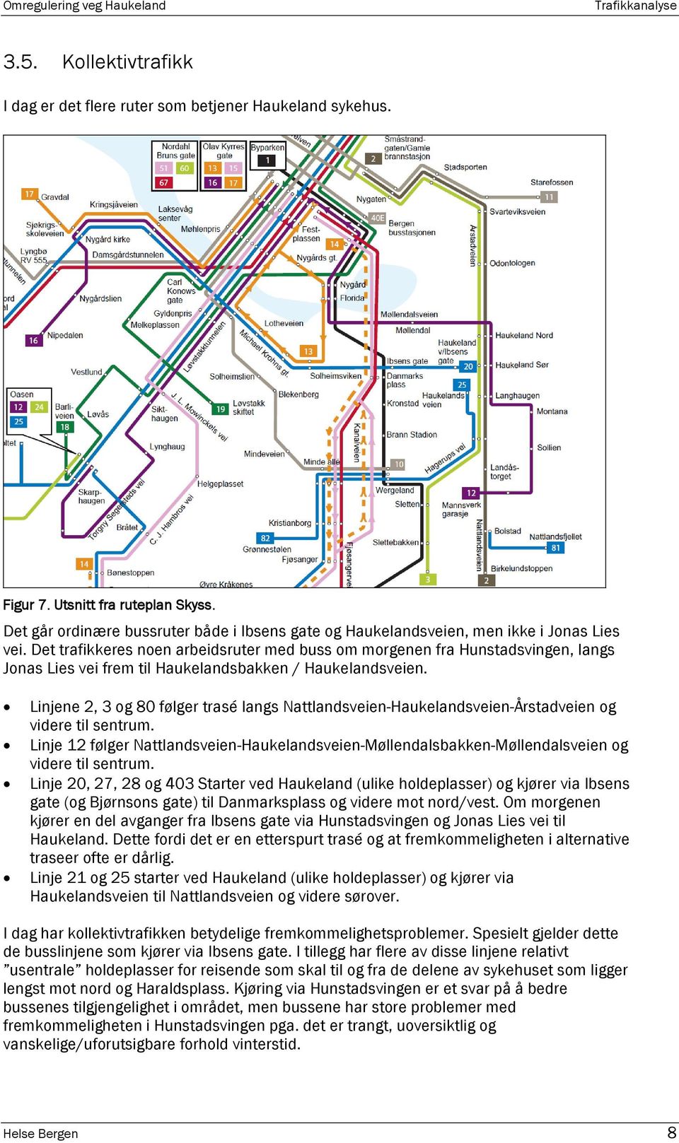 Det trafikkeres noen arbeidsruter med buss om morgenen fra Hunstadsvingen, langs Jonas Lies vei frem til Haukelandsbakken / Haukelandsveien.