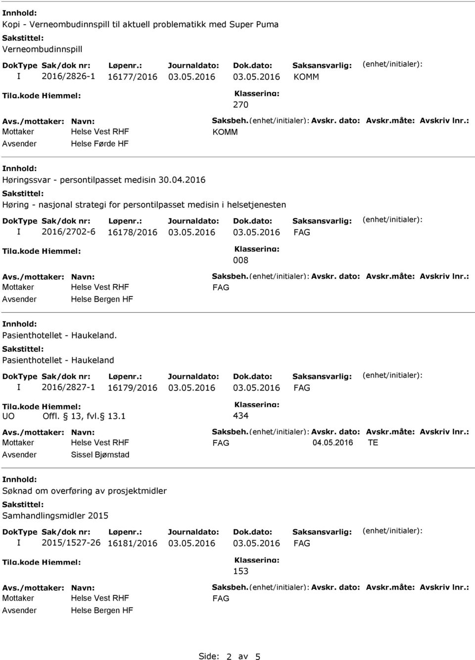 2016 Høring - nasjonal strategi for persontilpasset medisin i helsetjenesten 2016/2702-6 16178/2016 008 Avsender Helse Bergen HF nnhold: