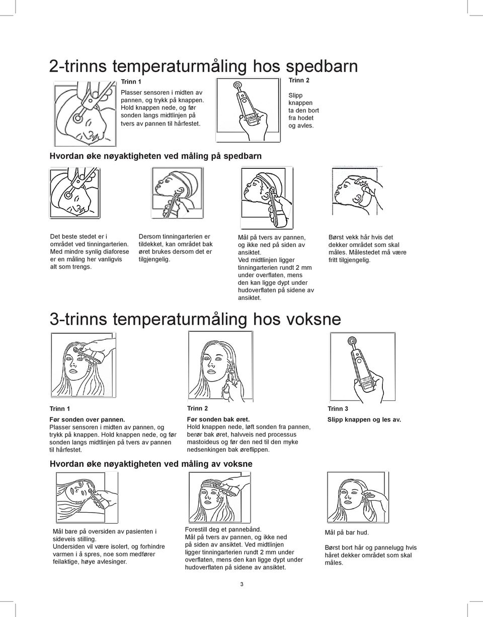 Med mindre synlig diaforese er en måling her vanligvis alt som trengs. Dersom tinningarterien er tildekket, kan området bak øret brukes dersom det er tilgjengelig.